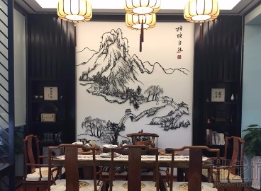 自然美鉆會客廳茶室背景墻定制山水鐵畫